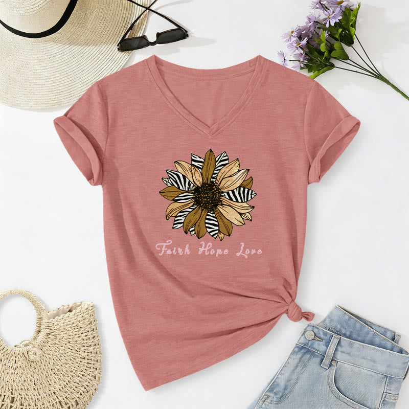 Christianartworkshop Faith Hope Love Zebra Print Sunflower Casual V-neck T-shirt - Light Pink - 2XL - image 12