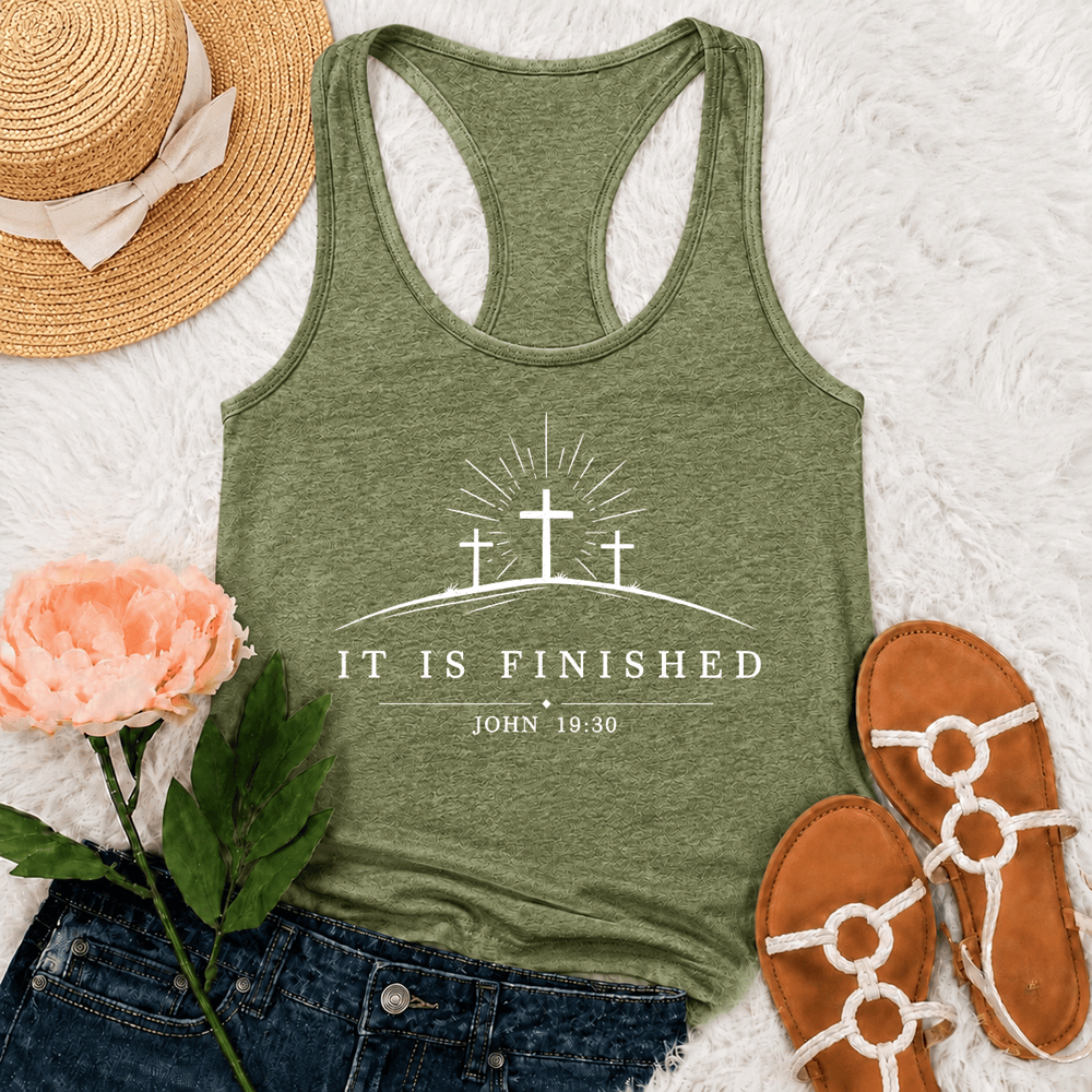 Christianartworkshop Classic Faith It Is Finished Cross Racerback Tank Top - Olive Green - 2XL - image 15