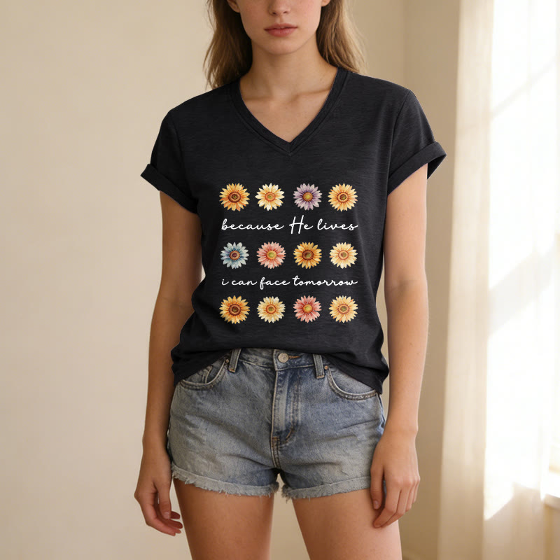 Christianartworkshop Because He Lives I Can Face Tomorrow Multi Daisy Floral Casual V-neck T-shirt - image 15