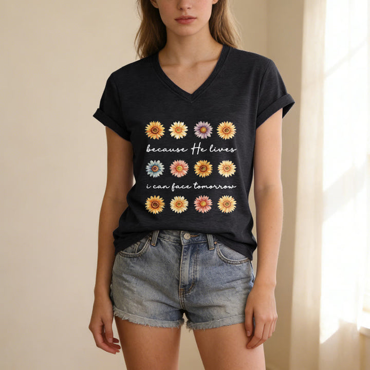 Christianartworkshop Because He Lives I Can Face Tomorrow Multi Daisy Floral Casual V-neck T-shirt - image 15
