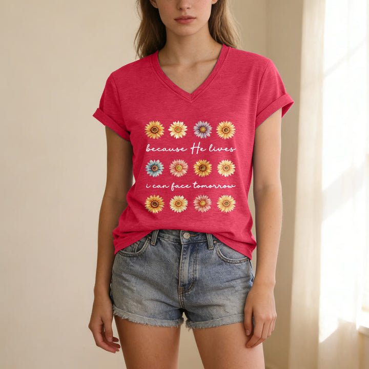 Christianartworkshop Because He Lives I Can Face Tomorrow Multi Daisy Floral Casual V-neck T-shirt - image 3