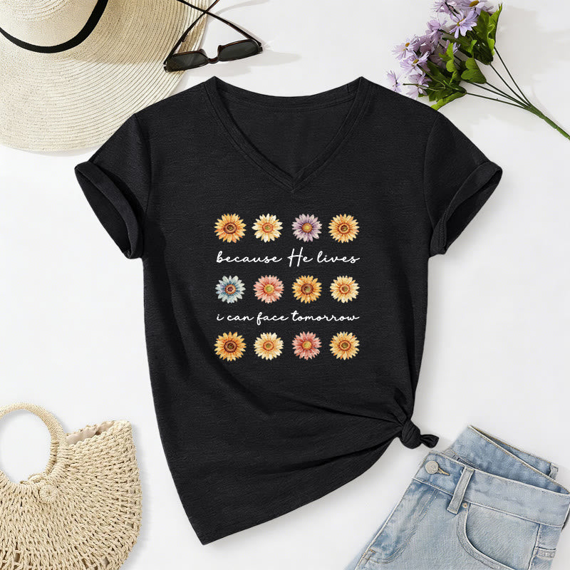 Christianartworkshop Because He Lives I Can Face Tomorrow Multi Daisy Floral Casual V-neck T-shirt - Black - 2XL - image 14