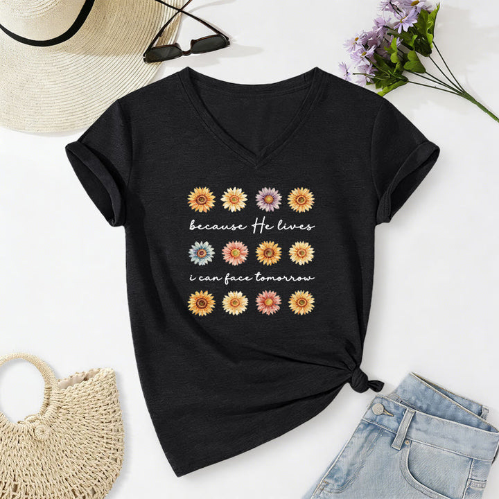 Christianartworkshop Because He Lives I Can Face Tomorrow Multi Daisy Floral Casual V-neck T-shirt - Black - 2XL - image 14