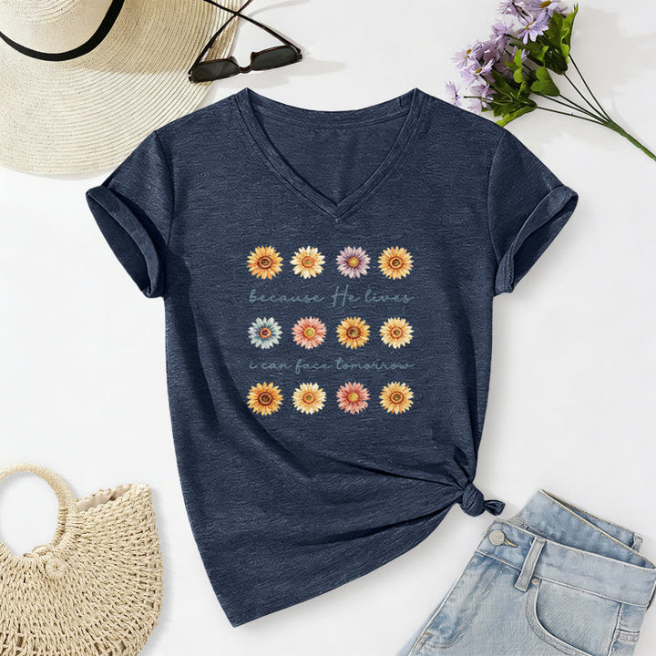Christianartworkshop Because He Lives I Can Face Tomorrow Multi Daisy Floral Casual V-neck T-shirt - Navy Blue - 2XL - image 8