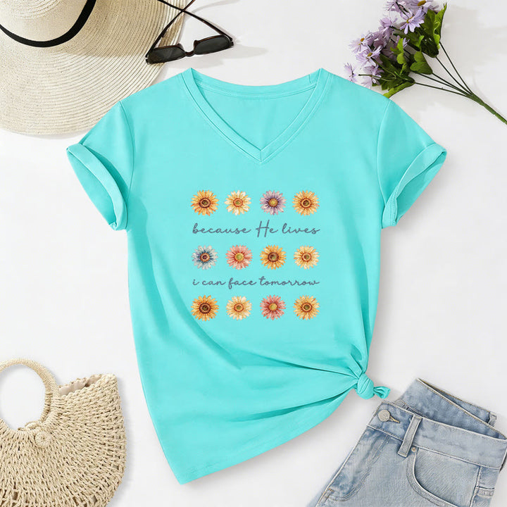 Christianartworkshop Because He Lives I Can Face Tomorrow Multi Daisy Floral Casual V-neck T-shirt - Sky Blue - 2XL - image 22