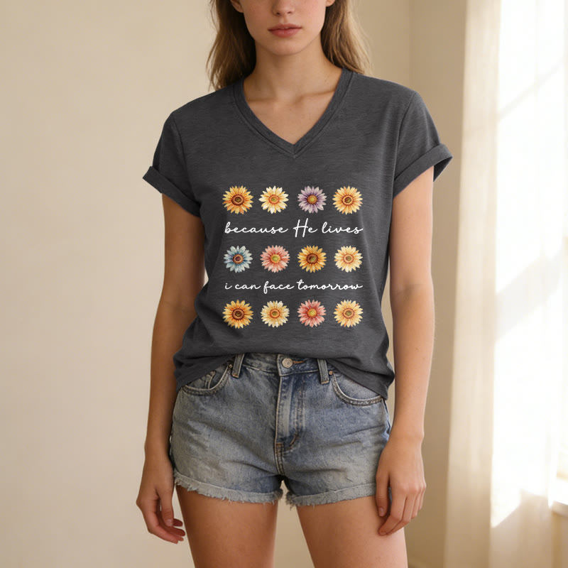 Christianartworkshop Because He Lives I Can Face Tomorrow Multi Daisy Floral Casual V-neck T-shirt - image 11