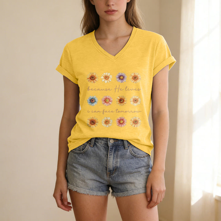 Christianartworkshop Because He Lives I Can Face Tomorrow Multi Daisy Floral Casual V-neck T-shirt - image 17