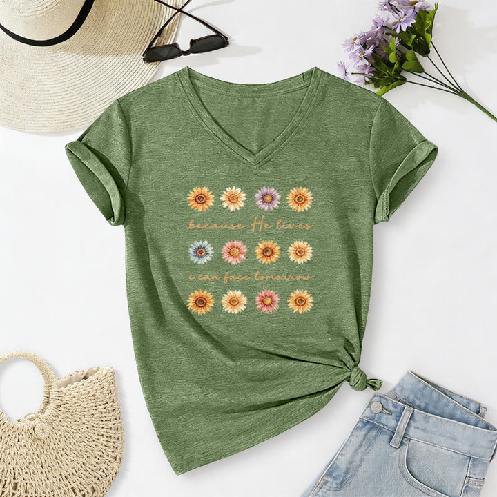 Christianartworkshop Because He Lives I Can Face Tomorrow Multi Daisy Floral Casual V-neck T-shirt - Olive Green - 2XL - image 18