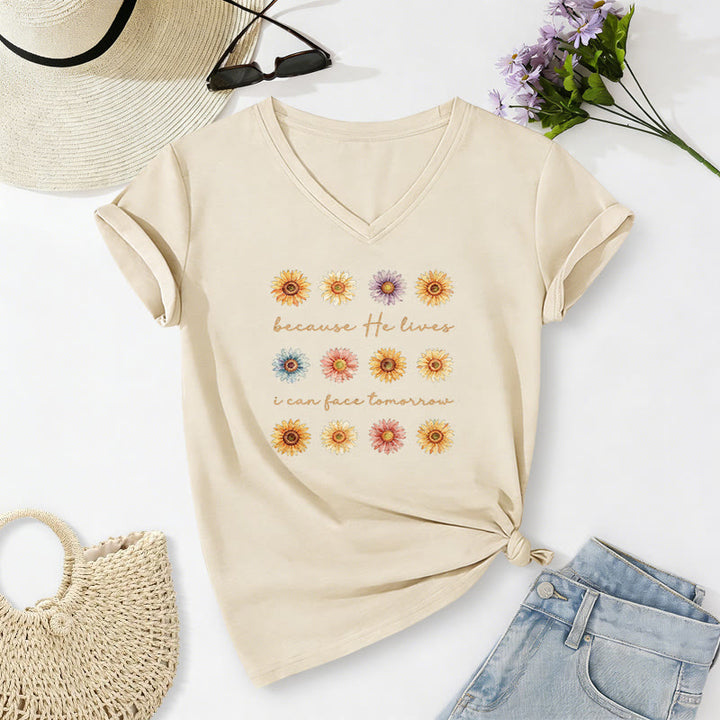 Christianartworkshop Because He Lives I Can Face Tomorrow Multi Daisy Floral Casual V-neck T-shirt - Beige - 2XL - image 0