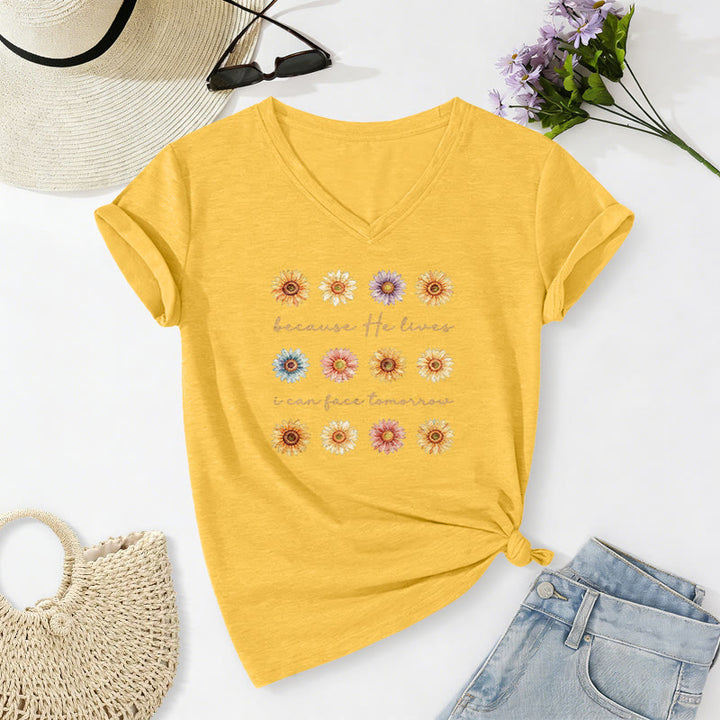 Christianartworkshop Because He Lives I Can Face Tomorrow Multi Daisy Floral Casual V-neck T-shirt - Yellow - 2XL - image 16
