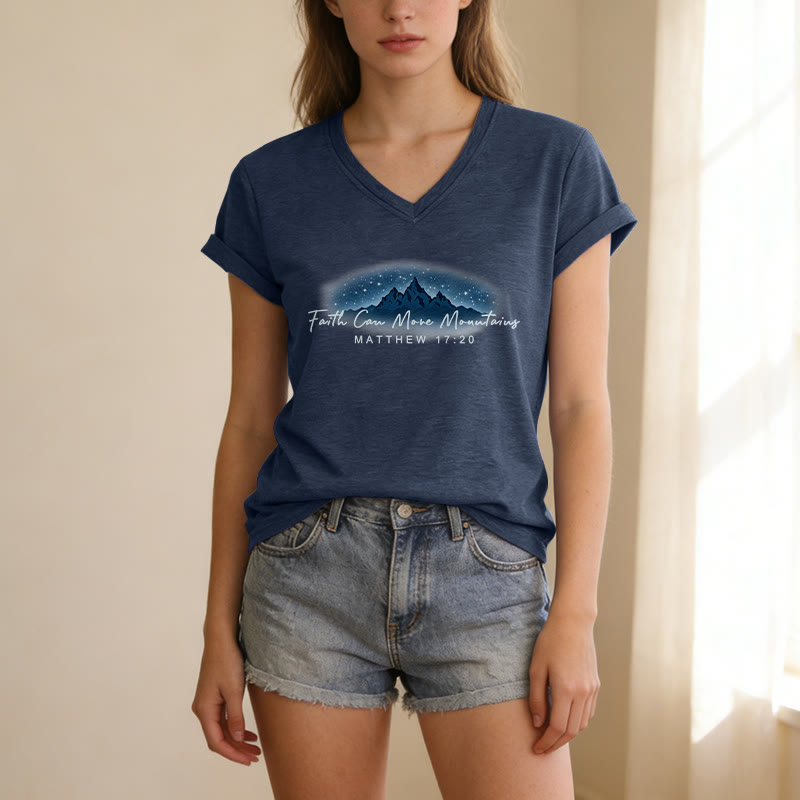 Christianartworkshop Faith Can Move Mountains Matthew 17:20 Starry Mountain Graphic Casual V-neck T-shirt - image 1