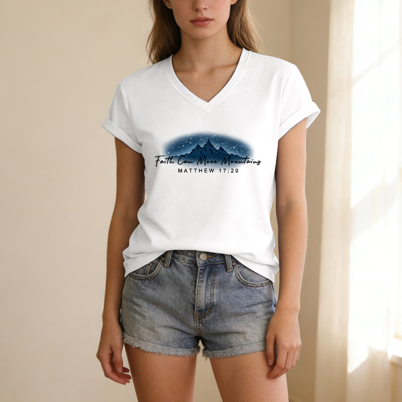 Christianartworkshop Faith Can Move Mountains Matthew 17:20 Starry Mountain Graphic Casual V-neck T-shirt - image 21