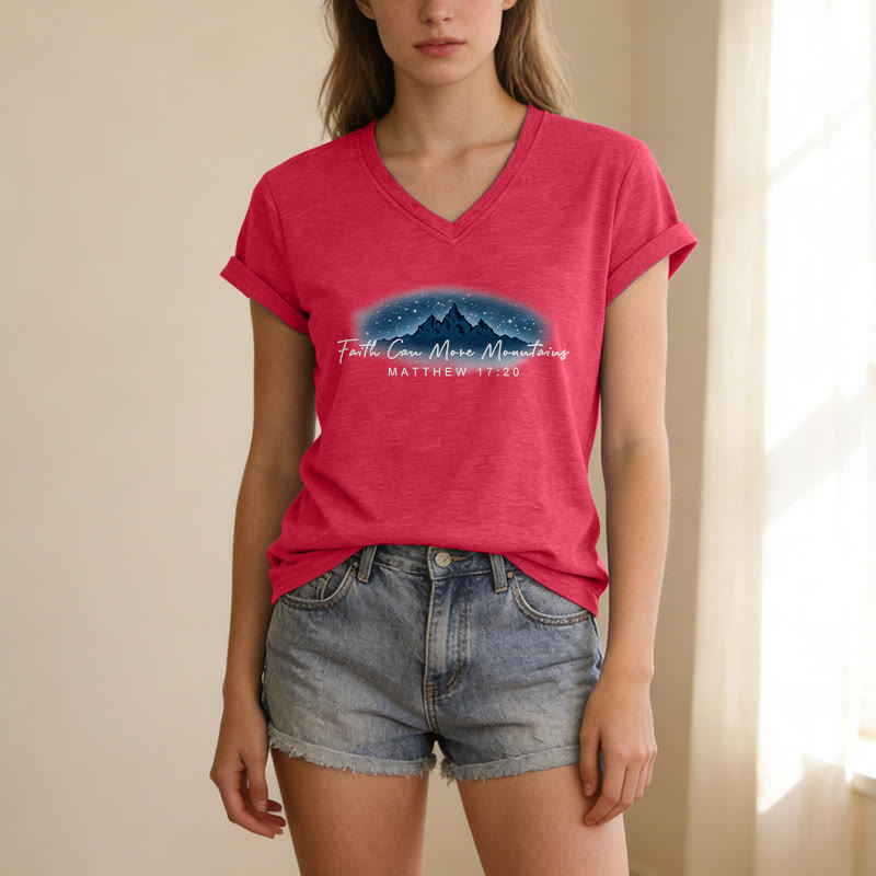Christianartworkshop Faith Can Move Mountains Matthew 17:20 Starry Mountain Graphic Casual V-neck T-shirt - image 5