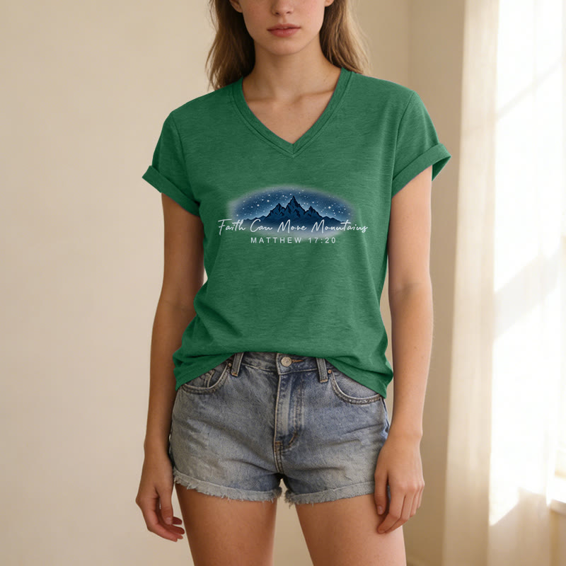 Christianartworkshop Faith Can Move Mountains Matthew 17:20 Starry Mountain Graphic Casual V-neck T-shirt - image 25