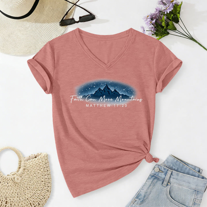 Christianartworkshop Faith Can Move Mountains Matthew 17:20 Starry Mountain Graphic Casual V-neck T-shirt - Light Pink - 2XL - image 12