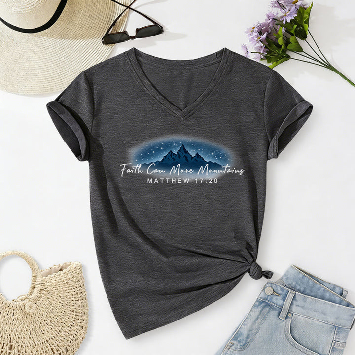 Christianartworkshop Faith Can Move Mountains Matthew 17:20 Starry Mountain Graphic Casual V-neck T-shirt - Dark Grey - 2XL - image 10