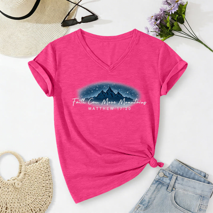 Christianartworkshop Faith Can Move Mountains Matthew 17:20 Starry Mountain Graphic Casual V-neck T-shirt - Rose - 2XL - image 6
