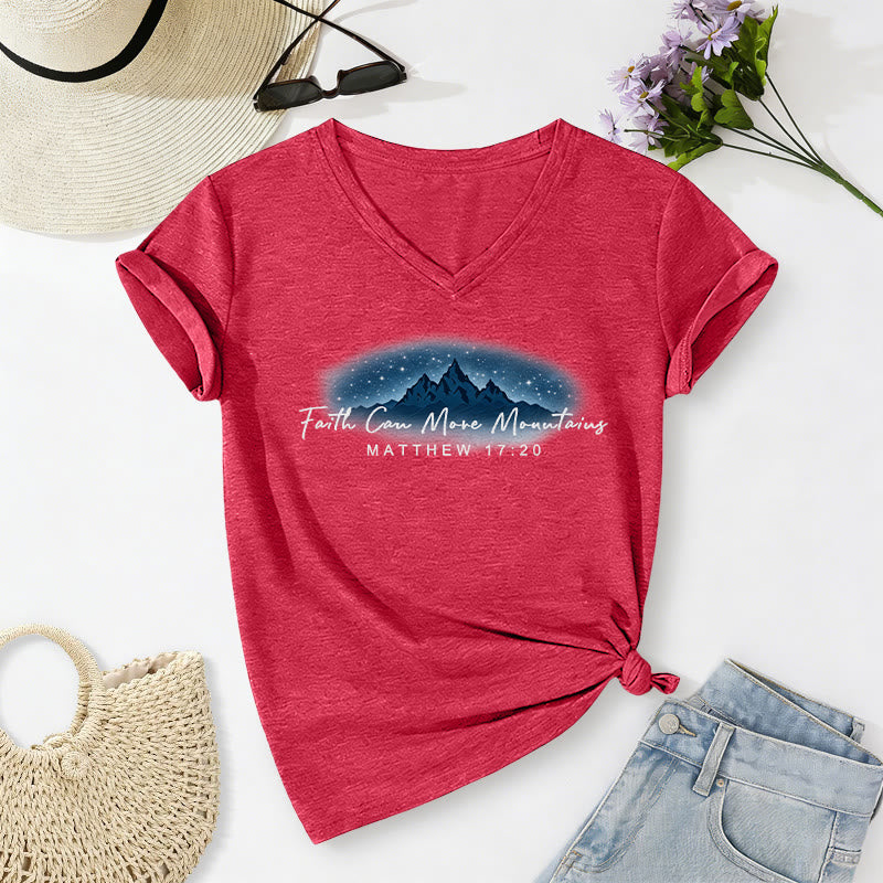 Christianartworkshop Faith Can Move Mountains Matthew 17:20 Starry Mountain Graphic Casual V-neck T-shirt - Red - 2XL - image 4