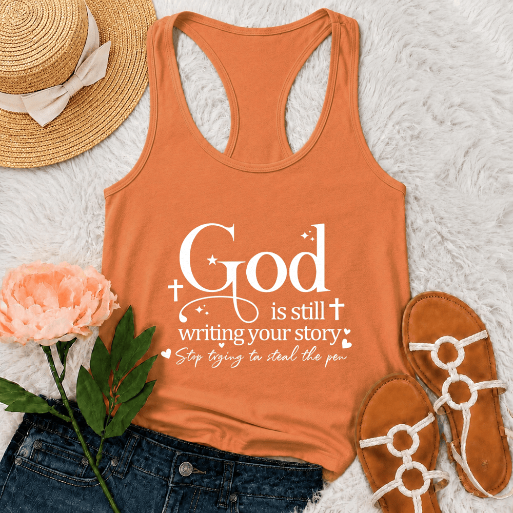 Christianartworkshop God Is Still Writing Your Story Christian Workout Racerback Tank Top - Orange - 2XL - image 27