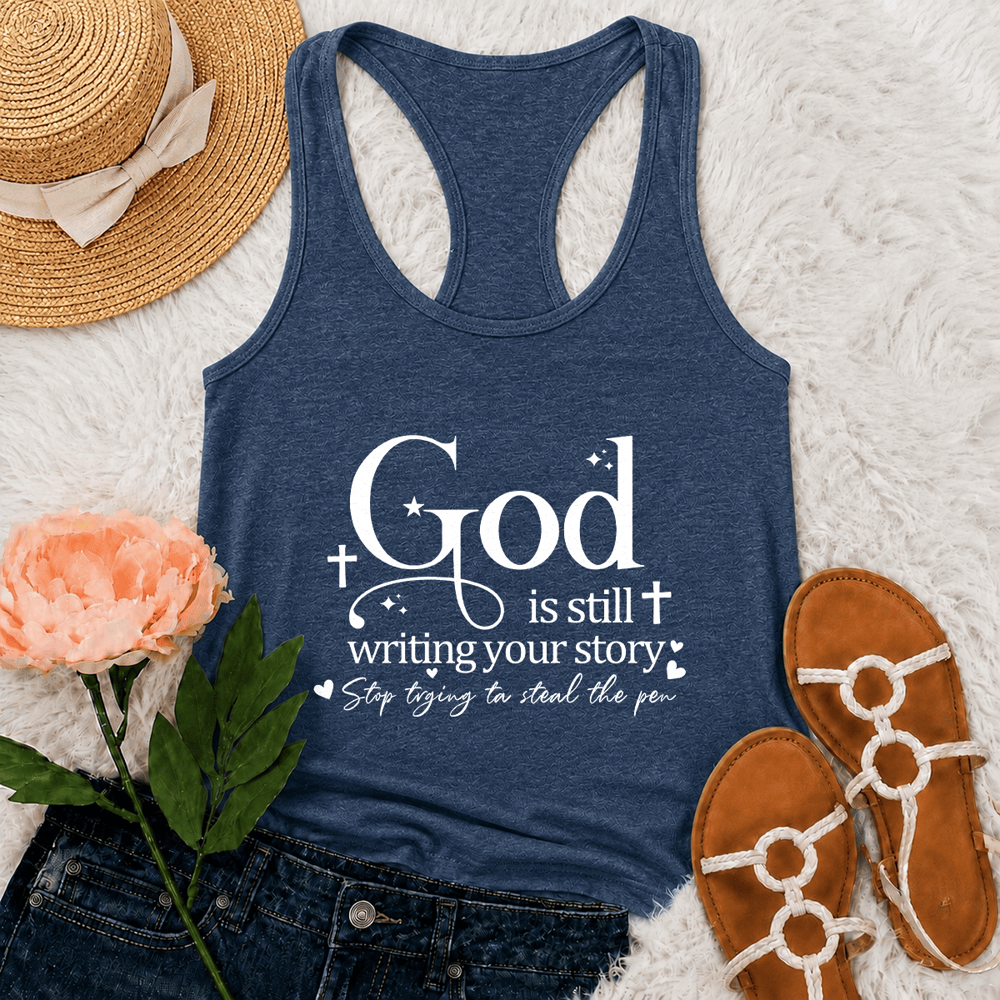 Christianartworkshop God Is Still Writing Your Story Christian Workout Racerback Tank Top - Navy Blue - 2XL - image 15