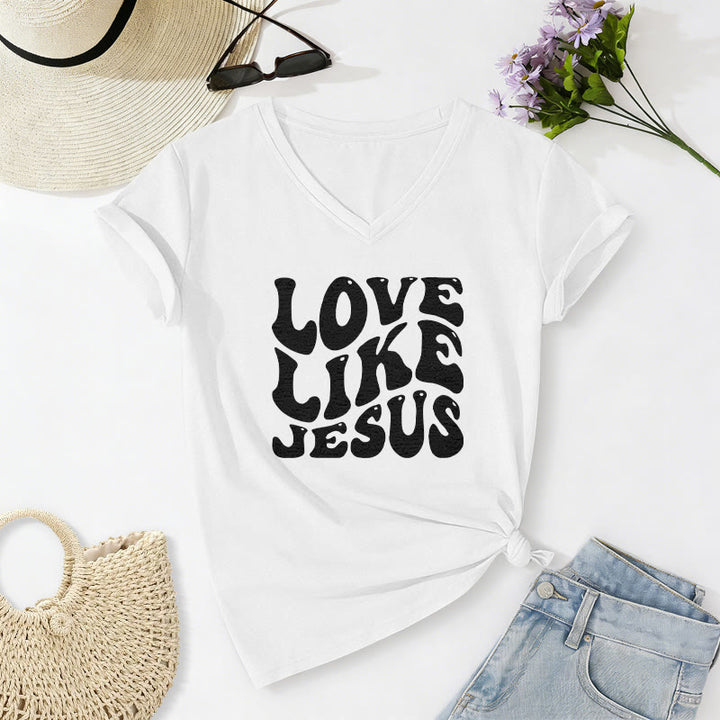 Christianartworkshop Love Like Jesus Retro Bubble Letter Casual V-neck T-shirt - White - 2XL - image 20