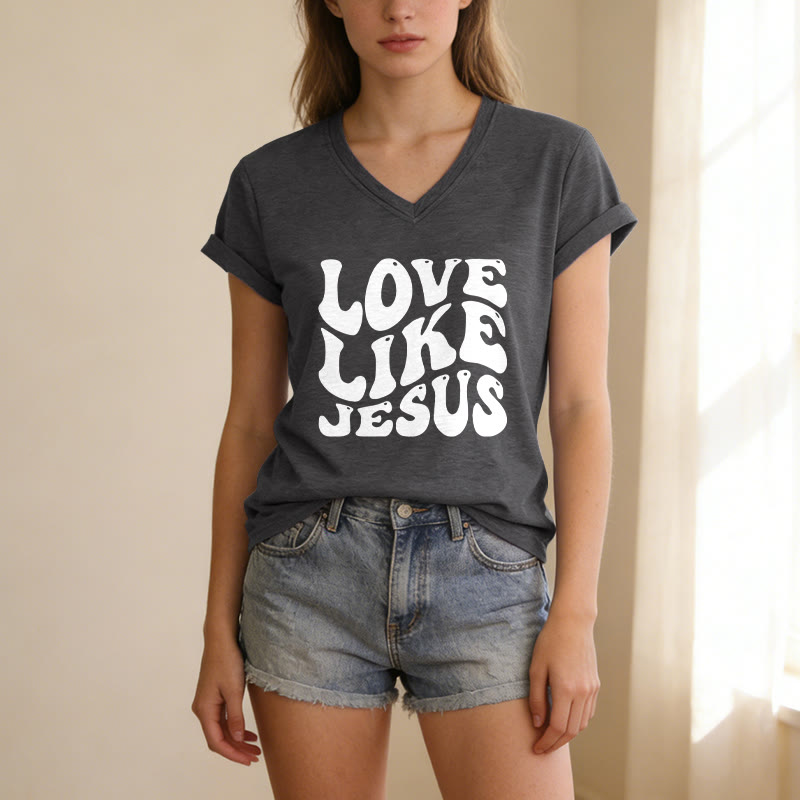 Christianartworkshop Love Like Jesus Retro Bubble Letter Casual V-neck T-shirt - image 11