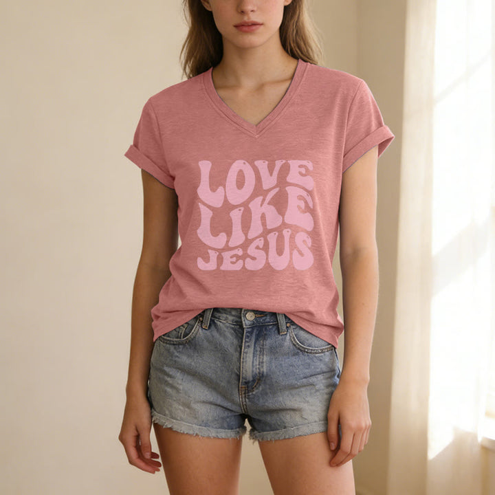 Christianartworkshop Love Like Jesus Retro Bubble Letter Casual V-neck T-shirt - image 13