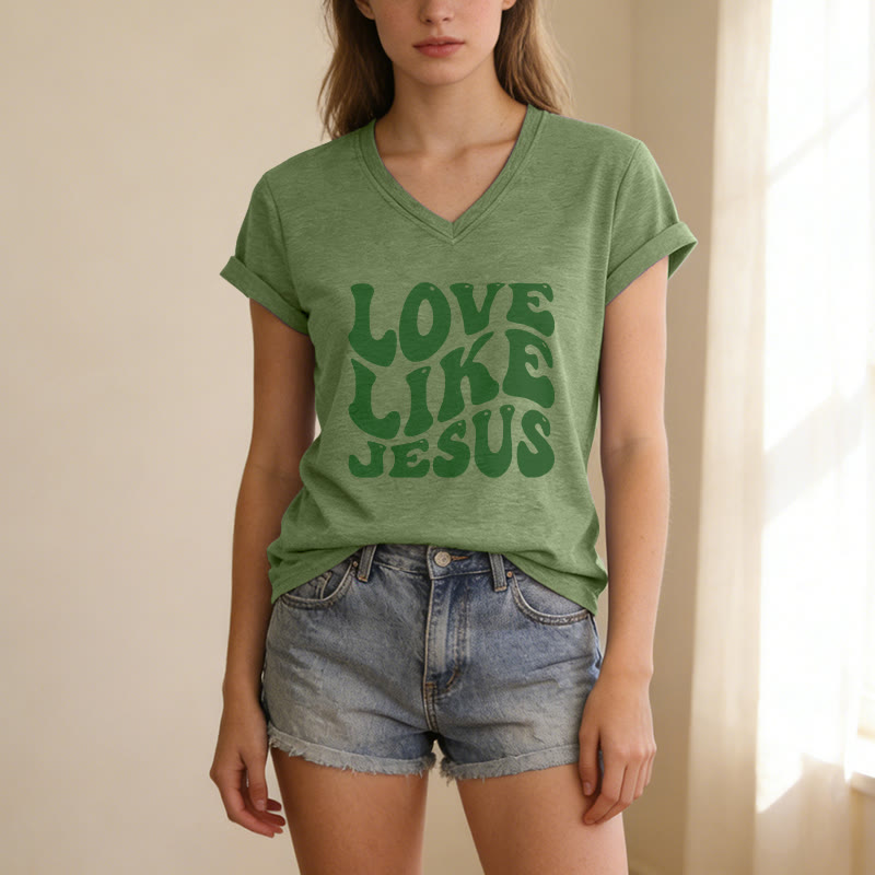 Christianartworkshop Love Like Jesus Retro Bubble Letter Casual V-neck T-shirt - image 19