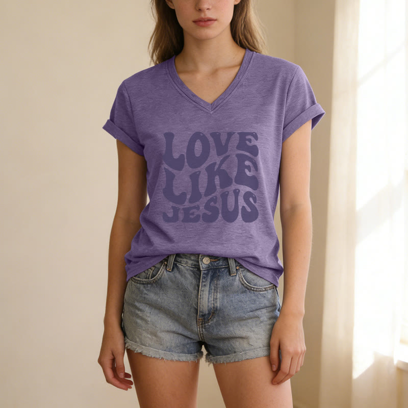Christianartworkshop Love Like Jesus Retro Bubble Letter Casual V-neck T-shirt - image 9
