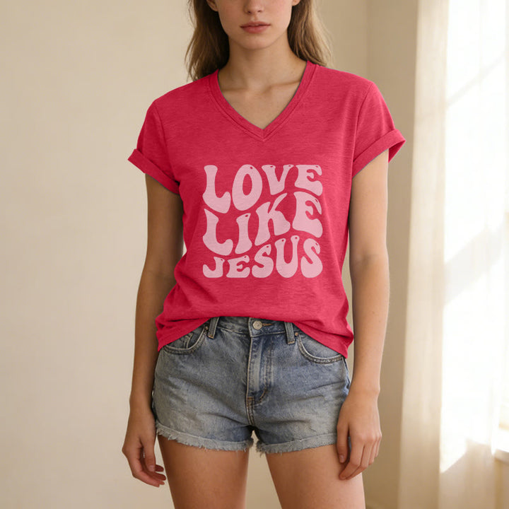 Christianartworkshop Love Like Jesus Retro Bubble Letter Casual V-neck T-shirt - image 7