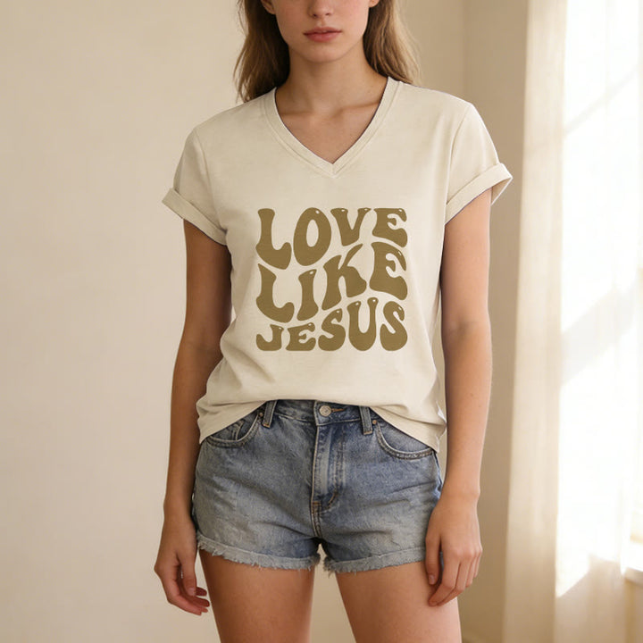Christianartworkshop Love Like Jesus Retro Bubble Letter Casual V-neck T-shirt - image 5