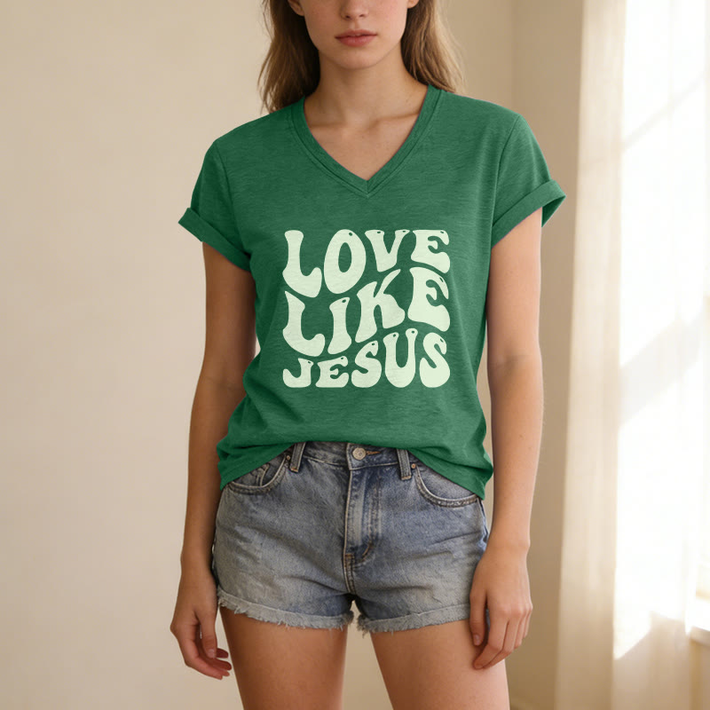 Christianartworkshop Love Like Jesus Retro Bubble Letter Casual V-neck T-shirt - image 25