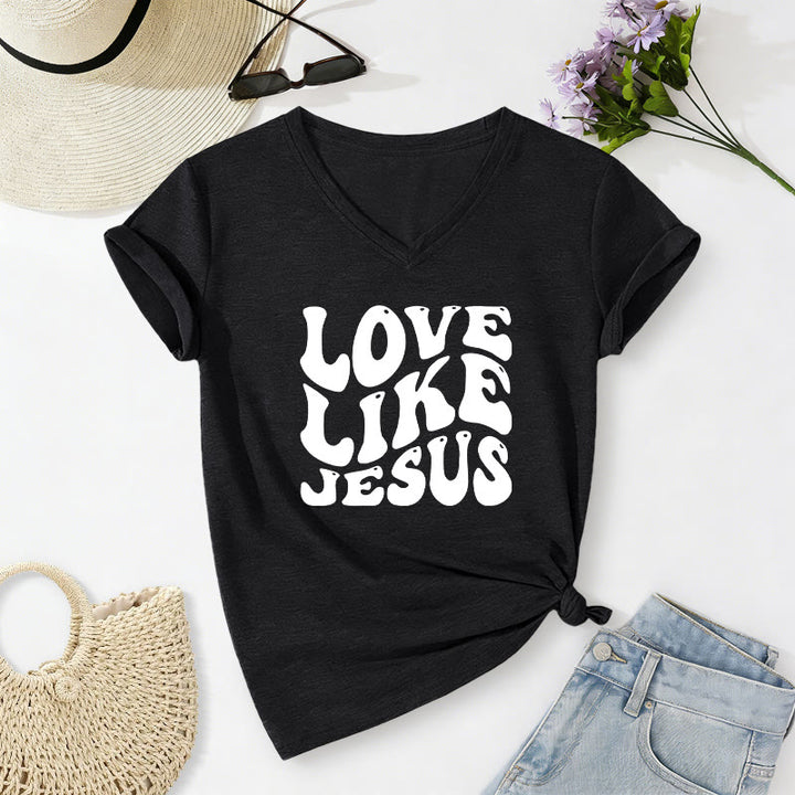 Christianartworkshop Love Like Jesus Retro Bubble Letter Casual V-neck T-shirt - Black - 2XL - image 14