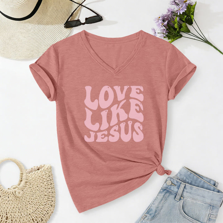 Christianartworkshop Love Like Jesus Retro Bubble Letter Casual V-neck T-shirt - Light Pink - 2XL - image 12