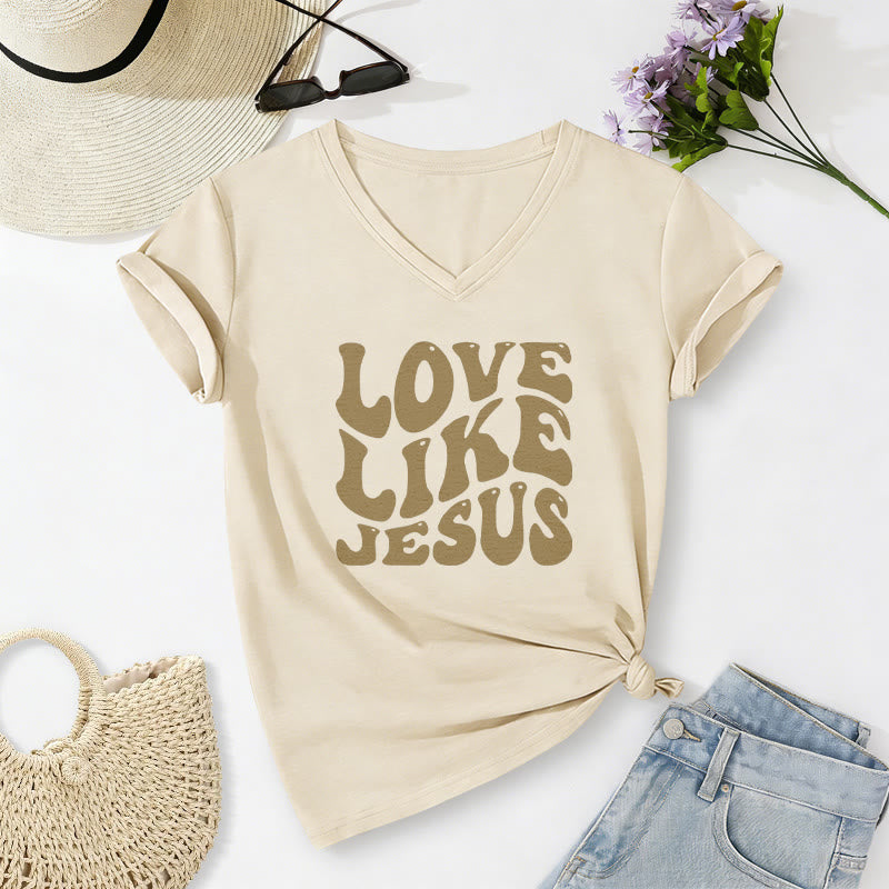 Christianartworkshop Love Like Jesus Retro Bubble Letter Casual V-neck T-shirt - Beige - 2XL - image 4
