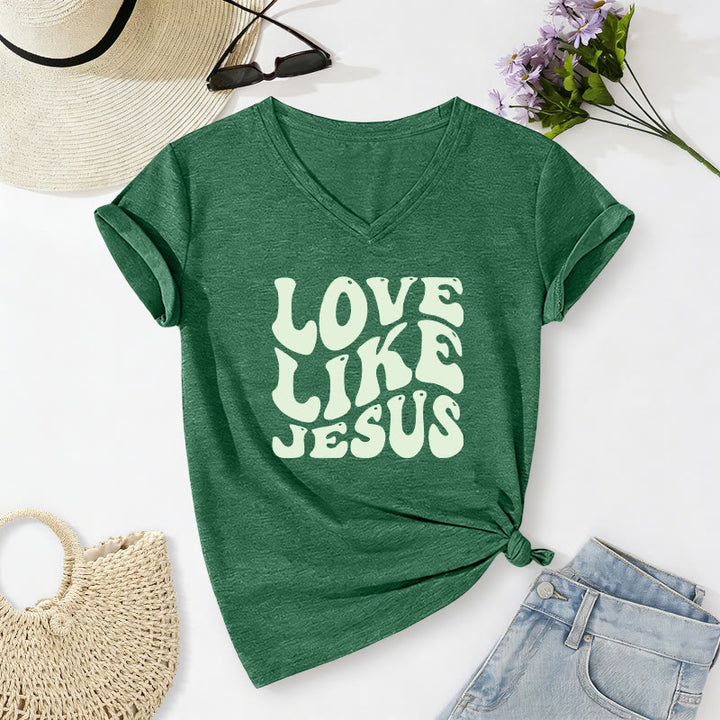 Christianartworkshop Love Like Jesus Retro Bubble Letter Casual V-neck T-shirt - Dark Green - 2XL - image 24