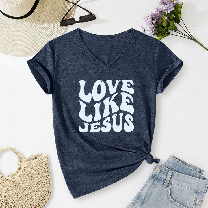 Christianartworkshop Love Like Jesus Retro Bubble Letter Casual V-neck T-shirt - Navy Blue - 2XL - image 2