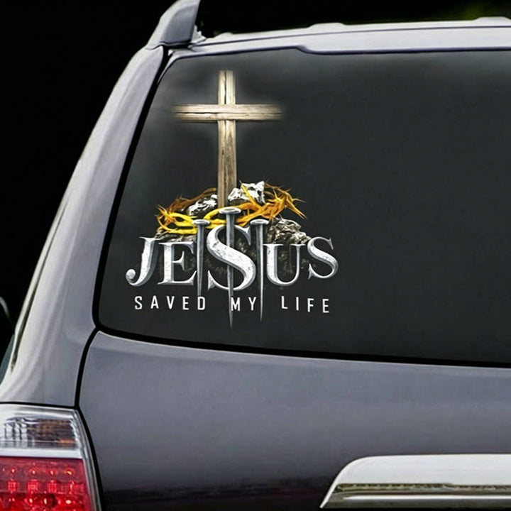 Christianartworkshop Cross Crown of Thorns Nails JESUS SAVED MY LIFE Waterproof Car Sticker: A Symbol of Redemptive Sacrifice - image 1