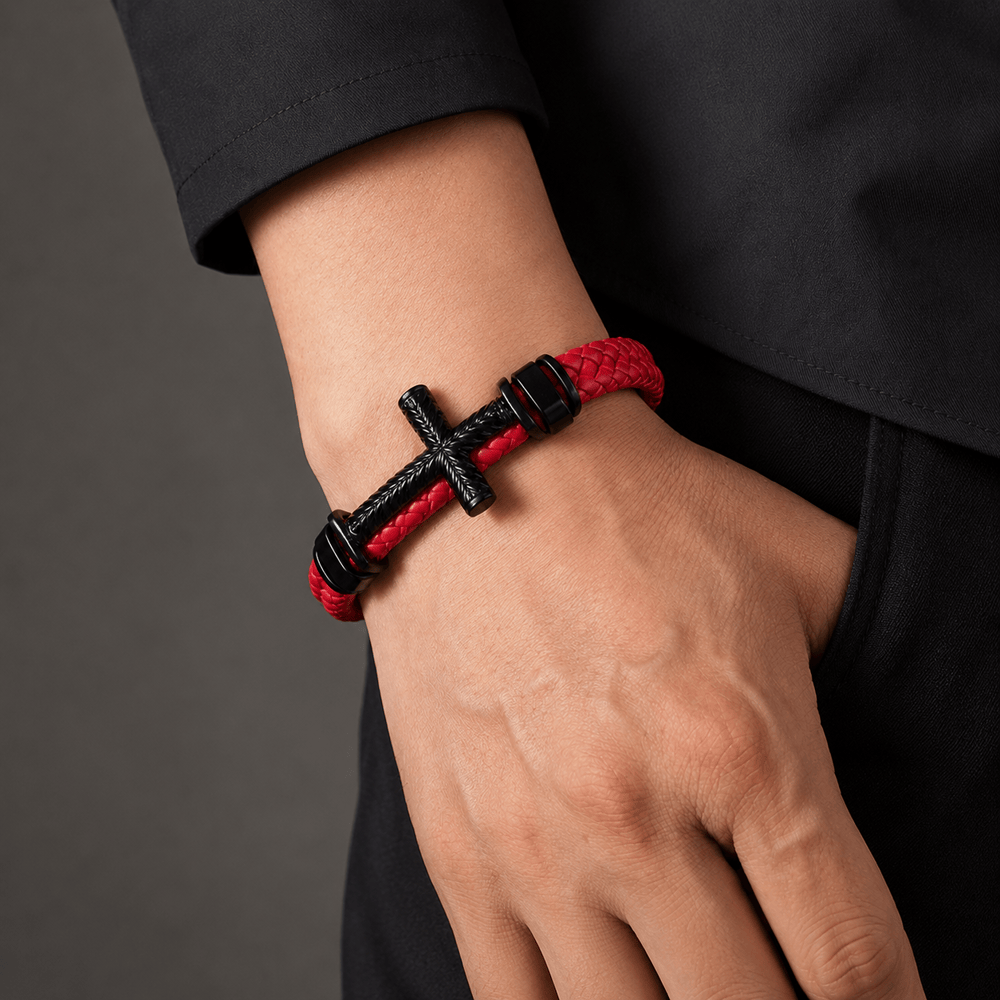 Christianartworkshop 4-Color Braided Leather Cross Bracelet with Embossed Details: A Symbol of Rugged Faith - image 1