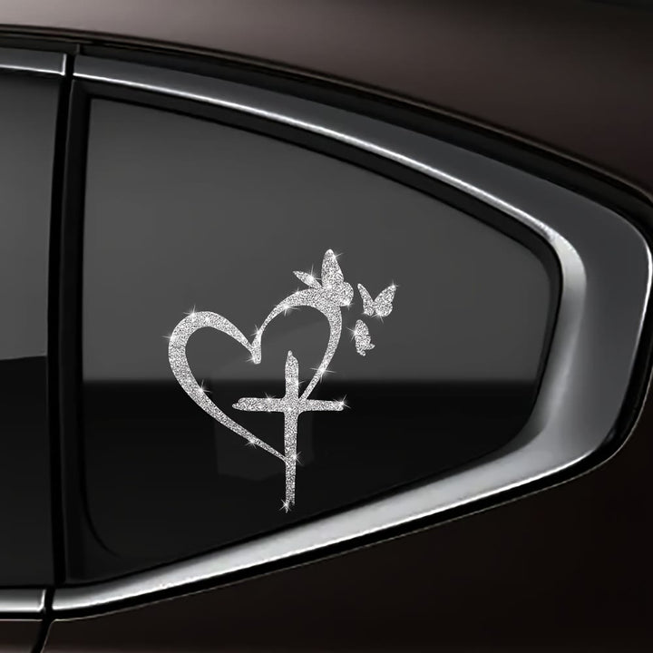 Christianartworkshop  Glitter Heart Cross Butterfly Silhouette Waterproof Car Window Sticker: A Symbol of Sacred Love - White - image 0