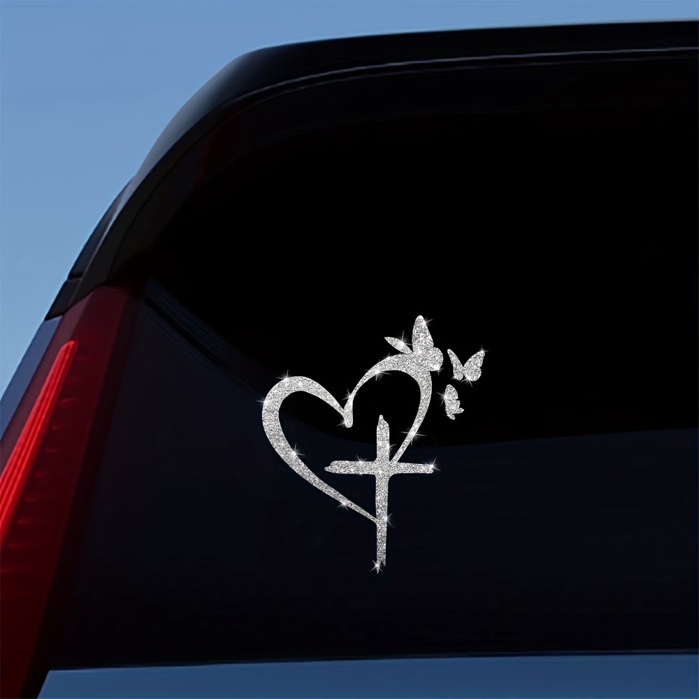 Christianartworkshop  Glitter Heart Cross Butterfly Silhouette Waterproof Car Window Sticker: A Symbol of Sacred Love - image 3