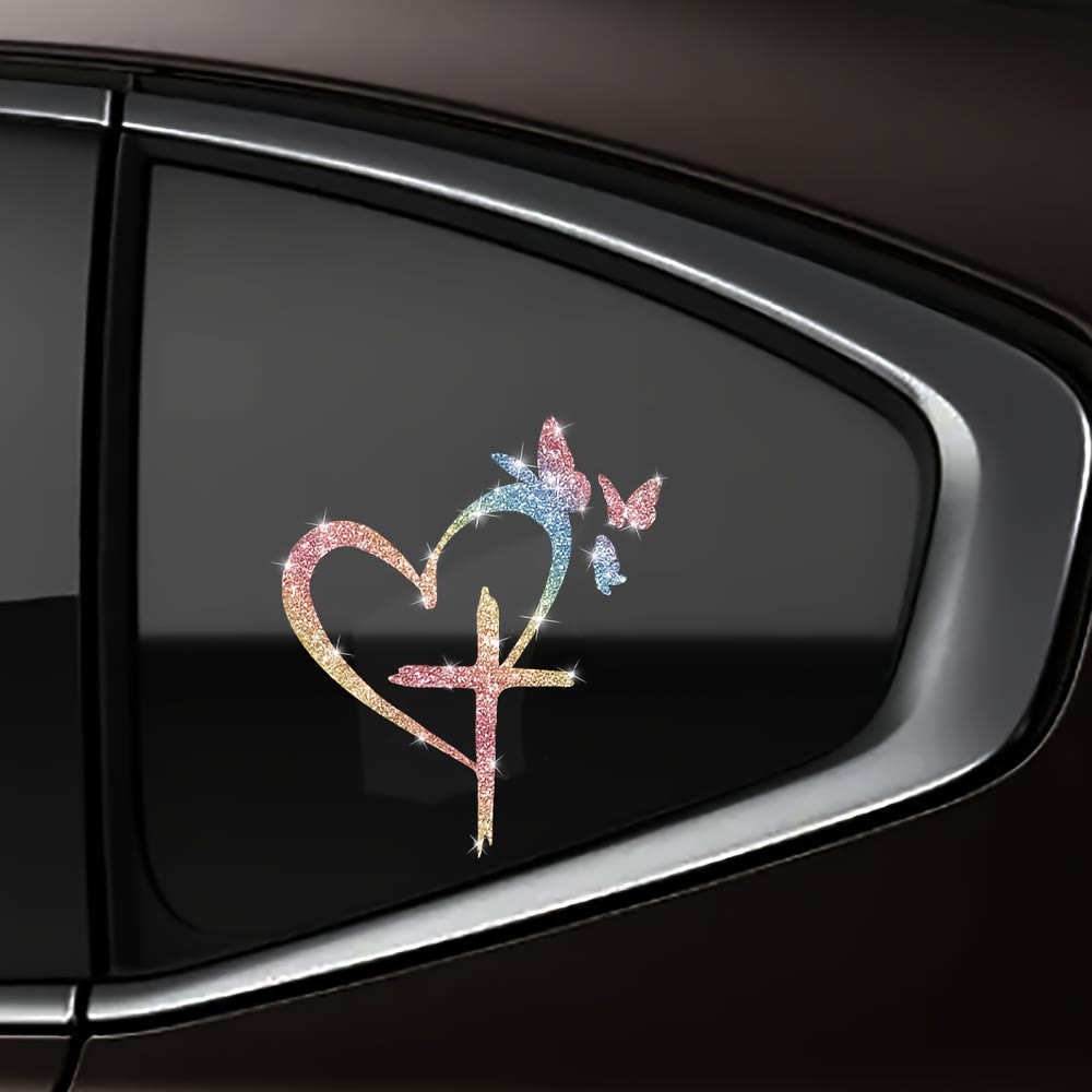 Christianartworkshop  Glitter Heart Cross Butterfly Silhouette Waterproof Car Window Sticker: A Symbol of Sacred Love - Multicolor - image 5
