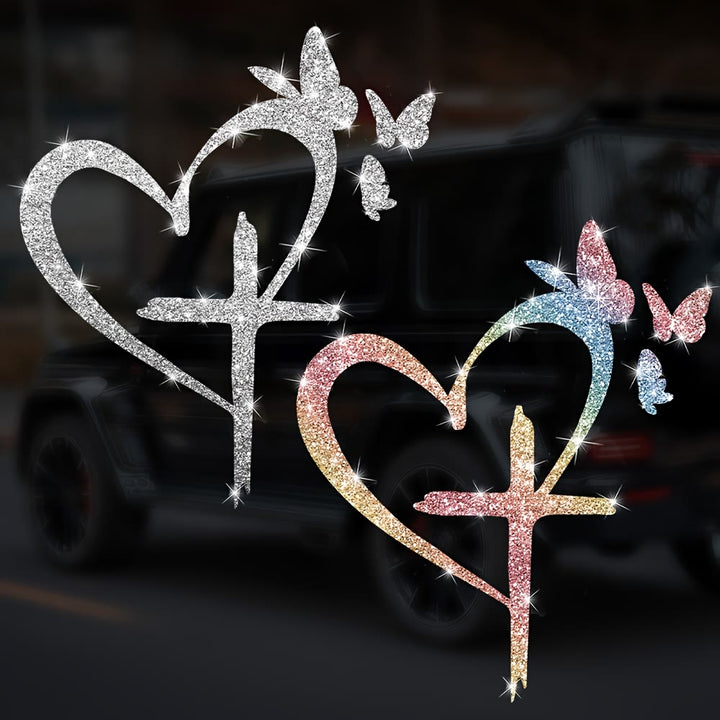 Christianartworkshop  Glitter Heart Cross Butterfly Silhouette Waterproof Car Window Sticker: A Symbol of Sacred Love - image 1