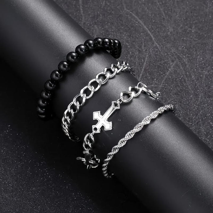 Christianartworkshop 4-Piece Layered Stackable Bracelet Set with Twisted Rope, Curb Chain & Black Round Beads Cross Charm - image 5