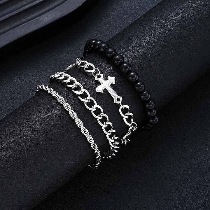 Christianartworkshop 4-Piece Layered Stackable Bracelet Set with Twisted Rope, Curb Chain & Black Round Beads Cross Charm - Silver - image 0