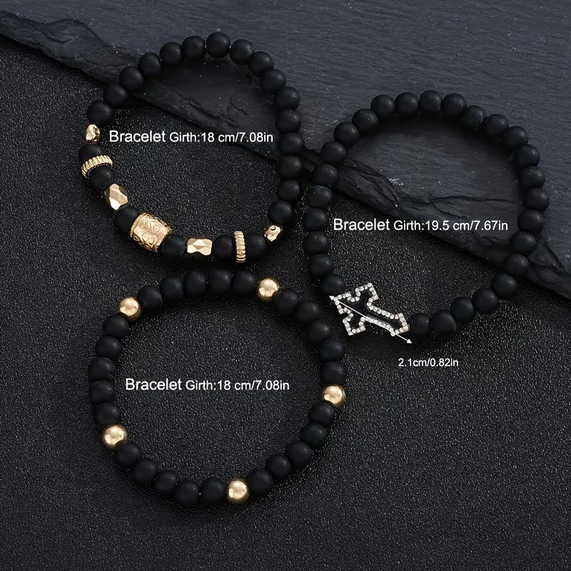 Christianartworkshop Multi-Layer Matte Black Stone Bead Stretch Bracelet with Paved Zircon Cross & Carved Gold Spacers - image 8