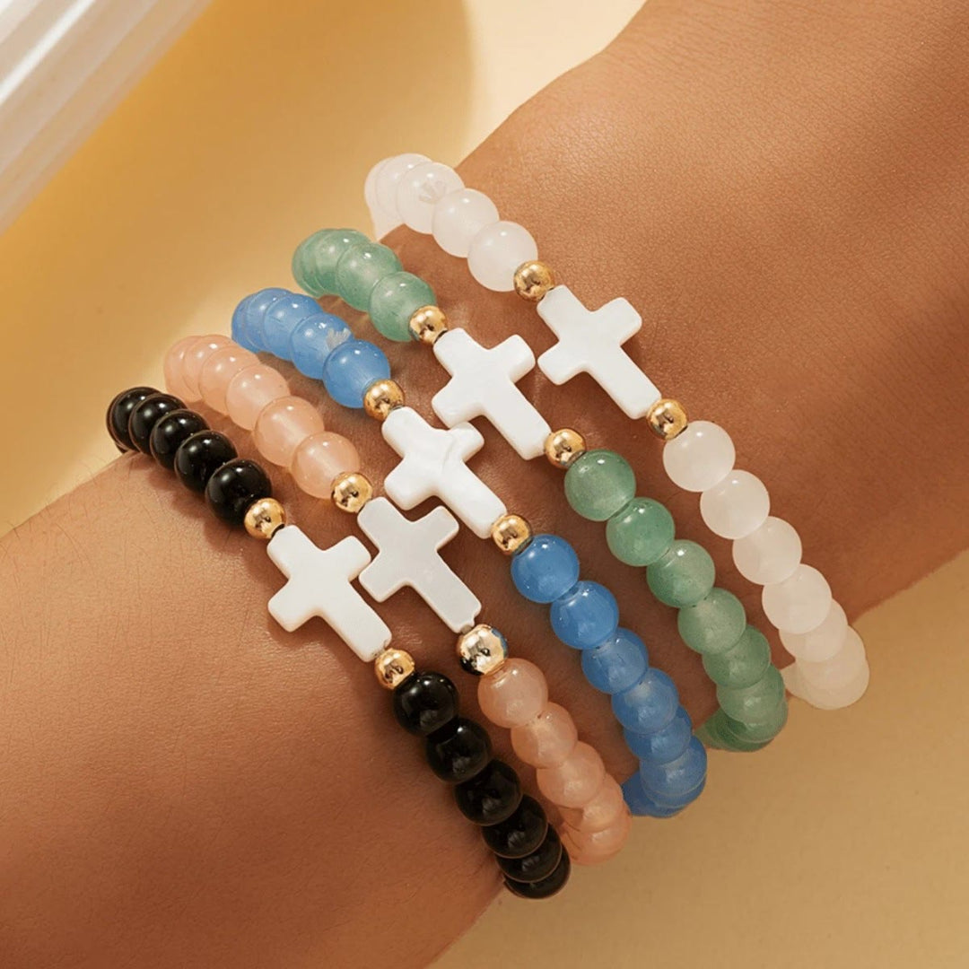 Christianartworkshop Faceted Crystal, Matte Mineral & Smooth Round Bead Multi-Layer Cross Bracelet Set - A - image 0