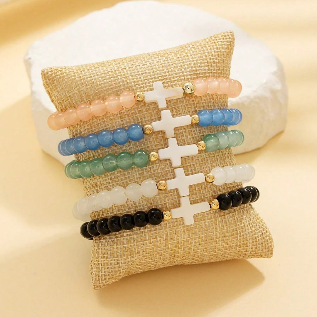 Christianartworkshop Faceted Crystal, Matte Mineral & Smooth Round Bead Multi-Layer Cross Bracelet Set - image 1