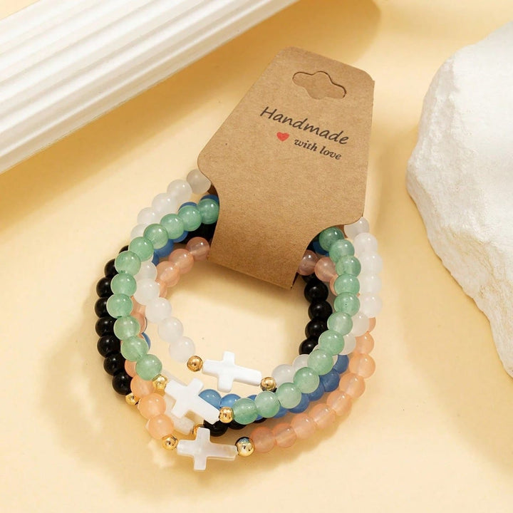 Christianartworkshop Faceted Crystal, Matte Mineral & Smooth Round Bead Multi-Layer Cross Bracelet Set - image 2