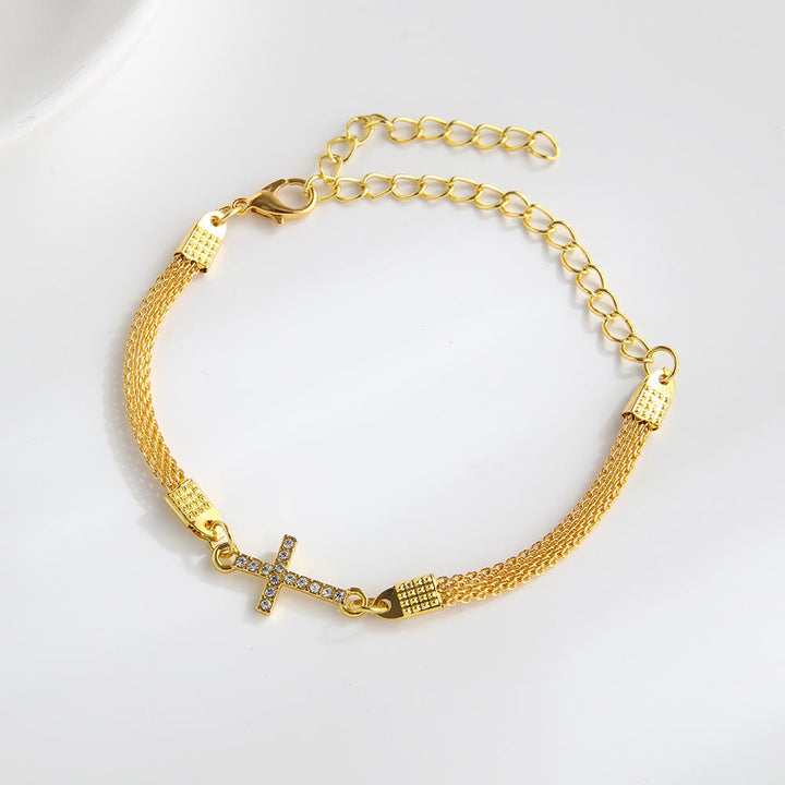Christianartworkshop Dainty Woven Mesh Band Paved Crystal Sideways Cross Daily Bracelet: A Reminder of Divine Mercy During Quiet Meditation - image 4